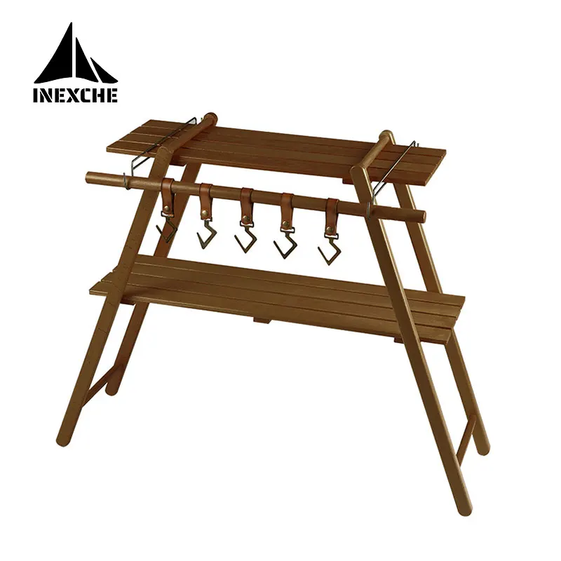 Outdoor Camping Hanging Rack Double Layers Beech Wood Tripod Cookware Tableware - £274.03 GBP+