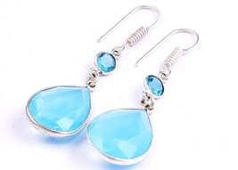 Topaz Blue Gemstone 925 Sterling Silver Handmade Dangle Drop Earrings Women Gift - £35.33 GBP+