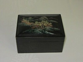 Black Lacquer Trinket Jewelry Box Hand Painted Vtg Asian Japanese Mounta... - $35.63