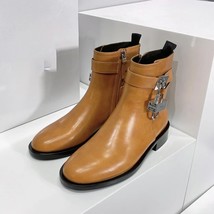 Padlock Martin Boots Leather Round Toe Women Shoes Low Heel Zipper Botas De Muje - £169.24 GBP