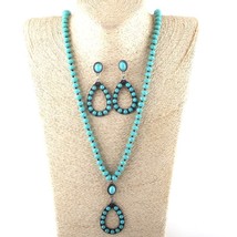 Fashion Jewelry Set Turq Stone / Glass Long Knotted Drop Necklace Earrin... - £11.98 GBP