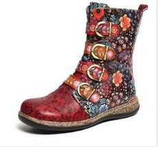 Women Retro Printed Leather Boot Women Zipper Mid Calf  Boots Fashion Ladies Sho - £36.52 GBP
