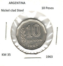 Argentina 10 Pesos, nickel clad steel, 1963, KM 35 - £0.79 GBP