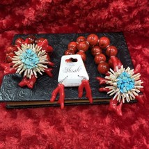 Faux Coral &amp; Turquoise Chunky Stretch Necklace Bracelet &amp; Earrings By Hu... - £37.27 GBP