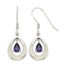 Sterling Silver White Inlay Opal Open Oval w/Blue Teardrop CZ Earrings - £52.39 GBP