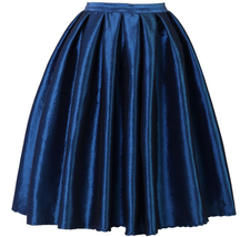 Dark Blue Glossy A Line Pleated Skirt Outfit Women Plus Size Taffeta Midi Skirt