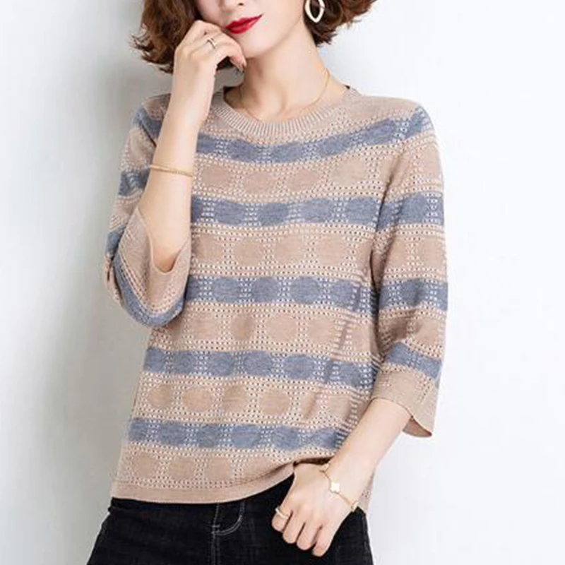 spring autumn Korean style ice silk  print loose  women 3/4 sleeve casual  knitt - £86.44 GBP