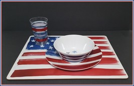 NEW RARE Pottery Barn Kids 3 Piece Americana Flag Dinner Set Plate, Bowl... - $32.99