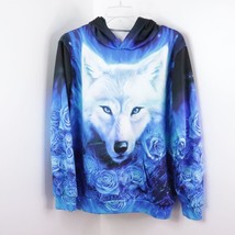 Men&#39;s XL/XXL Bright Blue Graphic Wolf Face Print Polyester Hoodie Sweatshirt - £15.98 GBP