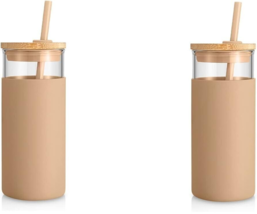Set of 2 Tronco 20 oz Glass Tumbler Water Bottle Straw Amber ~NEW~ - $708.31 MXN