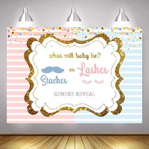 Staches Or Lashes Gender Reveal Theme Backdrop 5X3Ft Pink Or Blue Striped Gender - £10.58 GBP