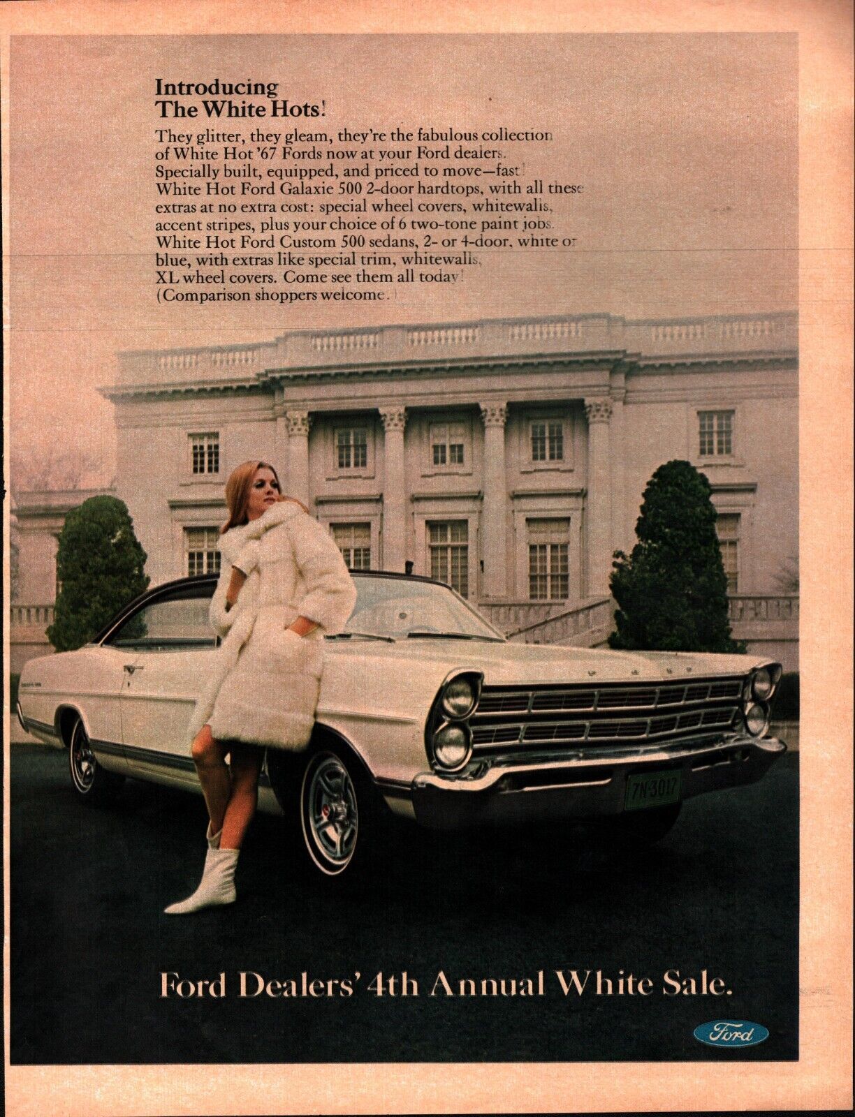 1967 Sexy legs Woman white fur coat Ford Galaxie 500 car vintage photo print ad - $26.92