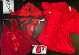 Victoria&#39;s Secret 34C,34D,34DD Bra Set+Garter+Babydoll+Robe Red Embroider Heart - £213.16 GBP