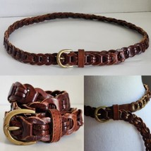 Women&#39;s Medium Boho Brown Woven Braided Leather Belt Brass Buckle 42.5&quot; Strap - £13.59 GBP