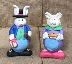 Whimsical Resin Mr And Mrs Bunny Rabbit Figurine Set Kitsch Faux Clay Look - $13.86