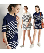 Women Summer Loose Striped T Shirt Knitted Polo Tees+shorts Sports Outfi... - £15.55 GBP