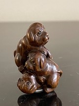 Antique Japanese Carved Wood Netsuke Stacked Dogs Puppies Figurine - £546.79 GBP