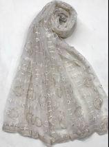 Off White Embroidered Stole/ dupatta, Sequins Net Tulle Mesh Fabric DP28 - £15.63 GBP