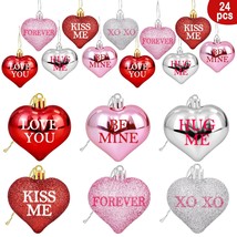 24Pcs Valentine&#39;S Day Glitter Heart Shaped Ornaments- Valentines Decorations- Re - £21.98 GBP