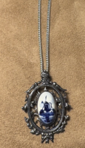 Dutch Delft Pendant Necklace Brooch Pin Oval Ceramic Silver Tone Filigre... - $28.76