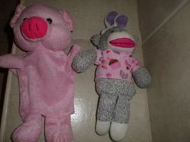  dan dee plush brown Sock monkey  12&quot; w pink top &amp; pink pig plush hand p... - $8.90