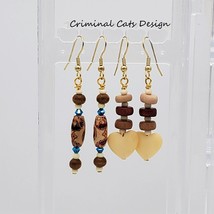 Dangle Earrings Hearts, Wood and Paper Beads, hand made, two pairs