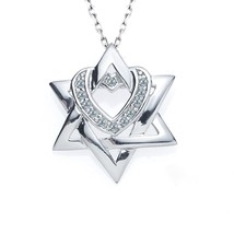 Diamond Jewish Star of Magen David Heart Pendant 14k White Gold Rolo Cha... - £271.34 GBP