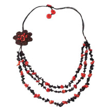 Glorious Black and Red Stones with Flower Accent Multi-Layered Necklace - £15.56 GBP