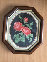 Vintage Eaton framed hand embroidery needlework flowers wall hanging octagonal - £39.54 GBP