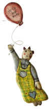 Primitive-Style Folk Art Girl Flying Holding Balloon Up Up &amp; Away Carved Wood - £15.58 GBP