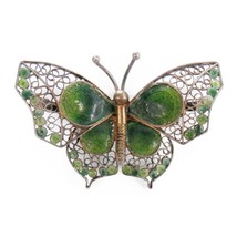 Vintage 800 Silver Butterfly Filigree Openwork Brooch Green Enamel - $36.24