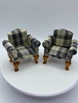 Vintage Miniature Dollhouse Arm Chairs Mid Century Blue Plaid Upholstered Chairs - £26.57 GBP