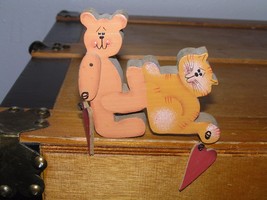 Handmade and Painted Carved Wood Teddy Bear Pushing Kitty Cat with Dangle Hearts - £4.68 GBP