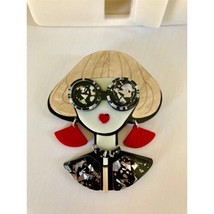 New Vintage 1960&#39;s Woman with Round Sunglasses Red Earrings Brooch Pin - $9.85