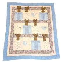 Vintage Baby Quilt Blanket Floppy Bunny Ears Hearts Blue Cream Pink Floral 44x50 - $57.88