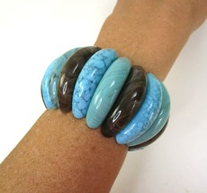 Vintage Chunky Stretch Bracelet Marbled Turquoise Blue Brown Southwestern Style - $28.71