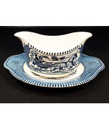 Vintage Currier &amp; Ives Two Spout Gravy Boat Dish Bowl With Resting Plate - £38.98 GBP
