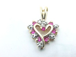 Vintage HEART PENDANT with 7 RUBIES in 10K Yellow GOLD VERMEIL on STERLING  - £41.41 GBP