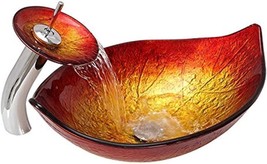 Jinyuze Tempered Glass Vessel Sink,Hot Melted Red&amp;Gold Leaf, Up Sink Drain - £252.44 GBP