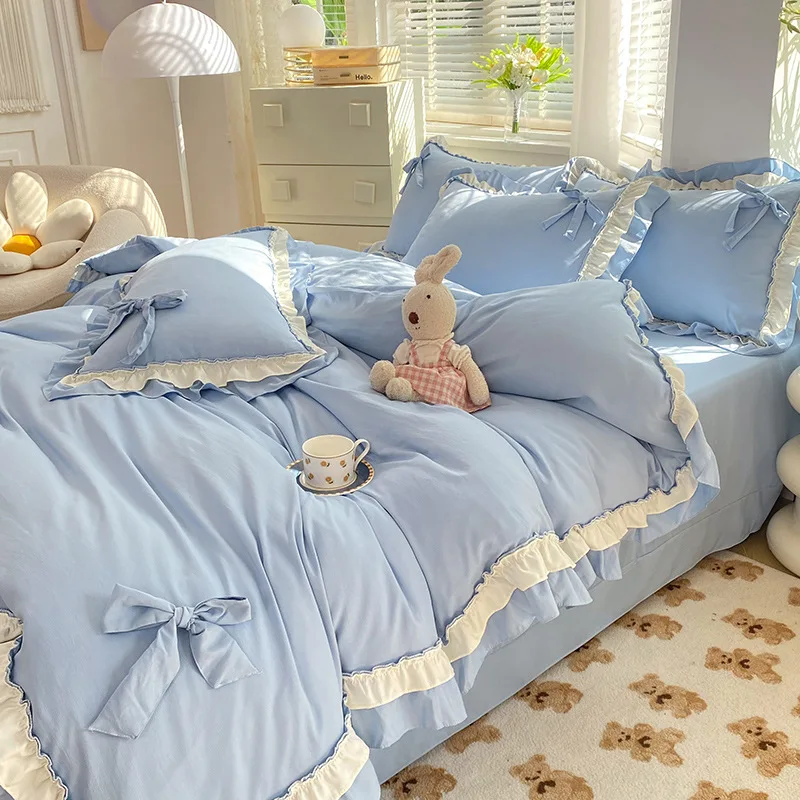 Blue Bedding Sets Kawaii Bed Sheet Pillowcase Fashion Girl Princess Duve... - $62.75+
