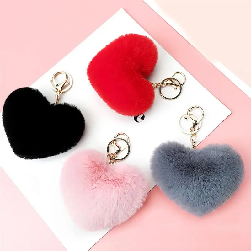2020 new lovely heart keychains women s pom poms faux rex rabbit fur ball key chains thumb200