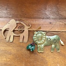 Lot of 2 Sparkly Green Lion with Holly &amp; Brushed Goldtone Elephant Metal... - £6.86 GBP