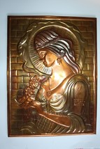 Vintage USSR Chasing Embossed Hammered Copper Wall Plaque Relief Woman w/ Flower - £36.49 GBP