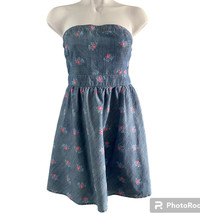 Hollister Dress Womens L Blue Denim Pink Flowers Strapless Smocked Skater Dress - £12.48 GBP