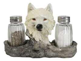 White Wolf Head By Woodlands Forest Glass Salt &amp; Pepper Shakers Holder F... - $22.99