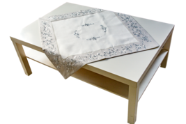 White Grey Linen Table Topper Embroidery Flower Rustic  Decor 34x34&#39;&#39; - $39.00