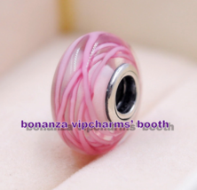 925 Sterling Silver Moments Handmade Glass Pink Ribbon Murano Glass Charm  - $4.20