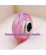 925 Sterling Silver Moments Handmade Glass Pink Ribbon Murano Glass Charm  - $6.60