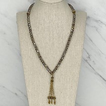 Gold Tone Iridescent Beaded Leaf Tassel Childs Necklace - £5.44 GBP