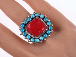 sz8.25 Vintage Native American sterling turquoise and coral ring - £107.50 GBP
